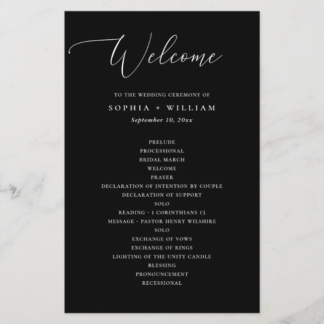 Elegante programa de casamento simples preto e bra (Frente)