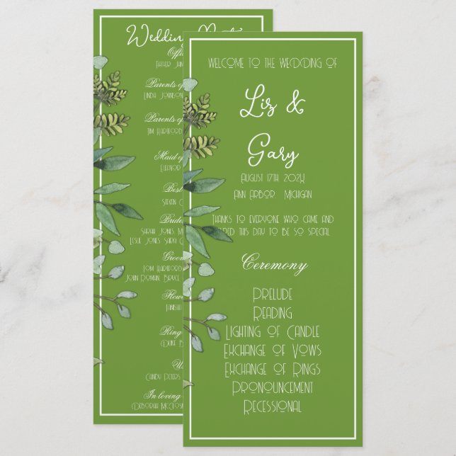 Elegante Programa de Casamento Tropical Verde (Frente/Verso)