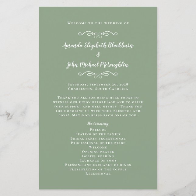 Elegante Programa de Cerimônia de Casamento Verde  (Frente)