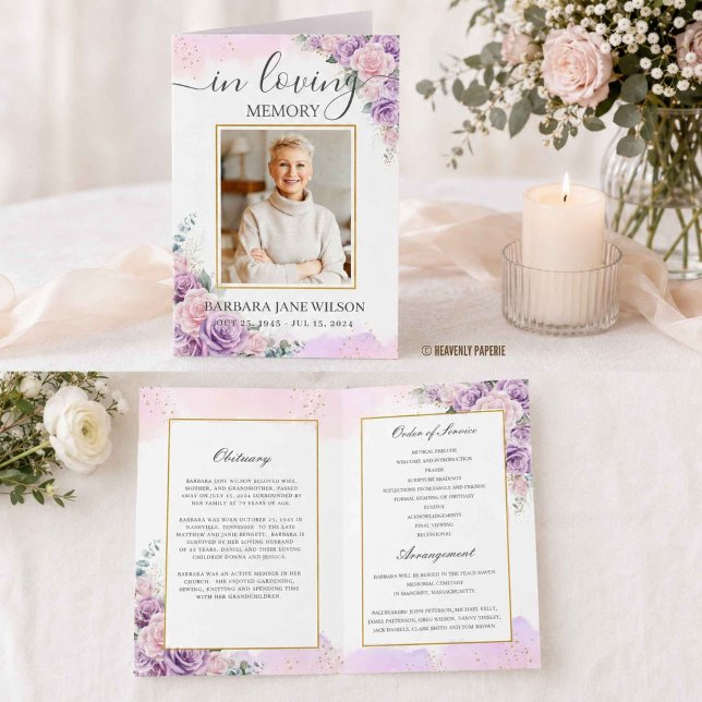 Elegante Programa de Funeral Floral Lilás Roxo Mem (Elegant Purple Lilac Floral Photo Funeral Memorial Bi-fold Program Obituary order of service)