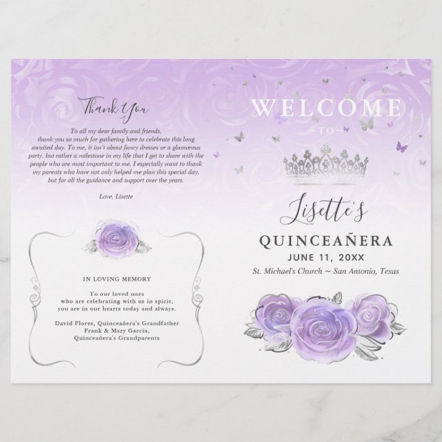 Elegante Programa de Quinceanera Roxo Prata (Frente)