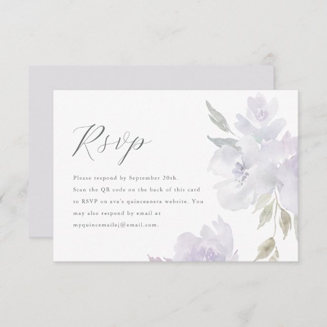 Elegante Purple Floral Quinceanera Código QR RSVP (Frente/Verso)