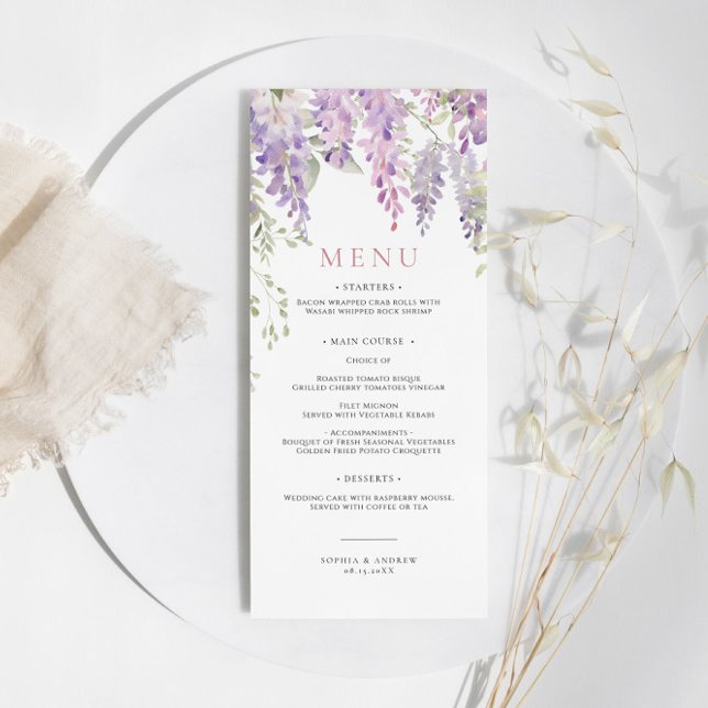 Elegante Purple Wisteria Flowers Menu de Casamento (Criador carregado)