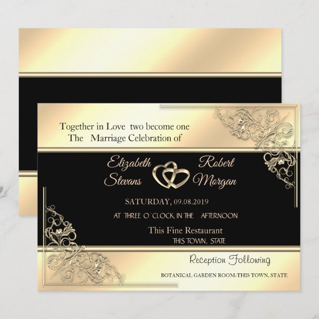 Elegante Quadro Dourado Chic,Listras  Convite de C (Frente/Verso)