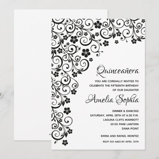 Elegante Quinceañera Black Swirls & Flowers (Frente/Verso)