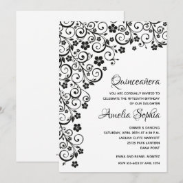 Elegante Quinceañera Black Swirls & Flowers