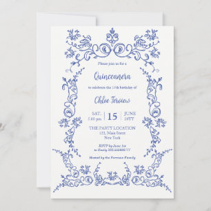 Elegante Quinceañera Blue Convite Floral