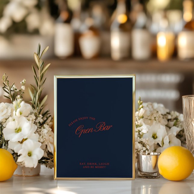 Elegante Red & Deep Blue - Sinal de casamento do B (Elegant Red & Deep Blue Open Bar Wedding Sign)