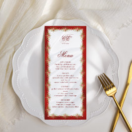 Elegante Red White Dourado Monograma Menu Casament