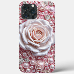 Elegante Rosa Branca e Pérolas Rosa Brilhantes