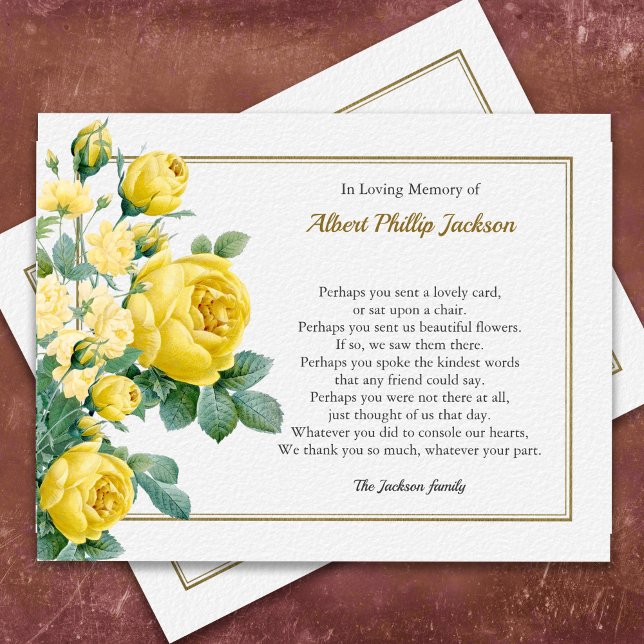 Elegante Rosa de Agradecimento por Condolências em (Elegant Yellow Rose Bereavement Memorial Sympathy Funeral Thank You Card)