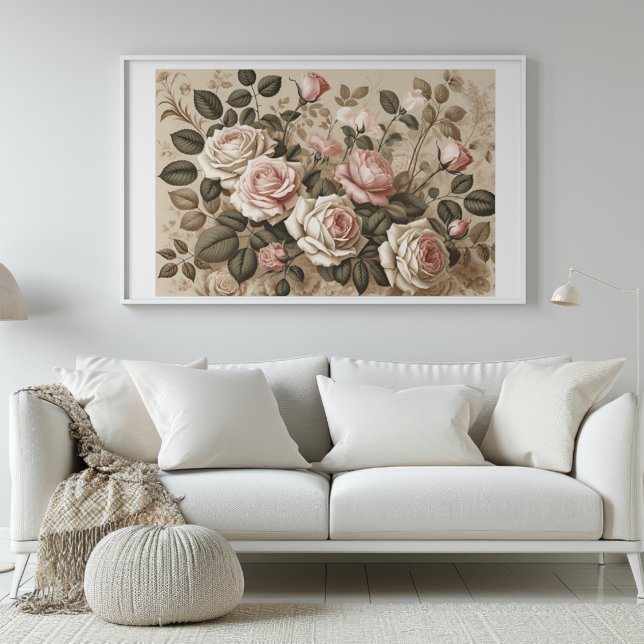 Elegante Rosa de Impressão de Arte Botânica (Elegant Vintage Roses Botanical Art Print in room)