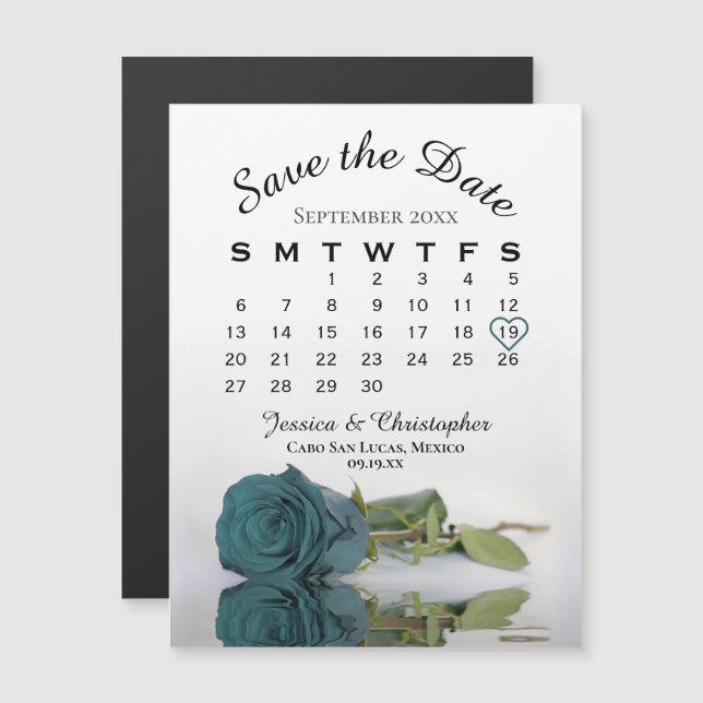 Elegante Rosa de Teal Salve o Magnet do Calendário (Frente/Verso)