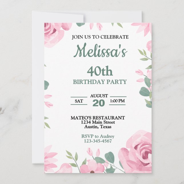 Elegante Rosa e Verde Água Convite de Aniversário (Frente)