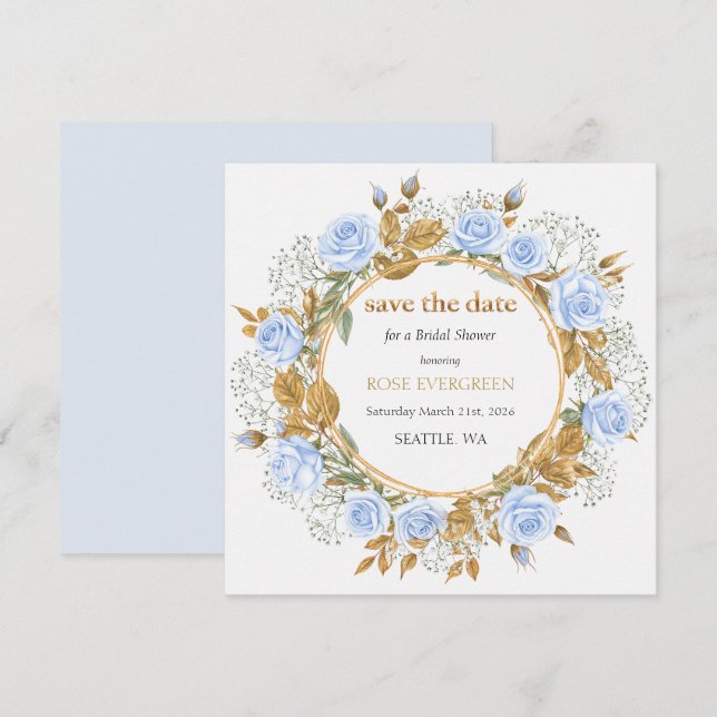 Elegante Rosas Azuis empoeirados Salvem a Data (Frente/Verso)