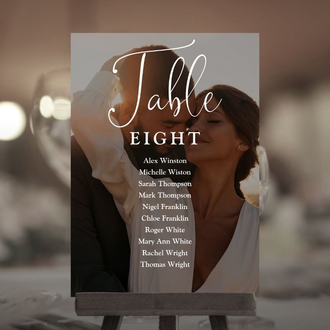 Elegante roteiro foto cartão de assento número da  (Elegant Script Photo Seating Chart Table Number)