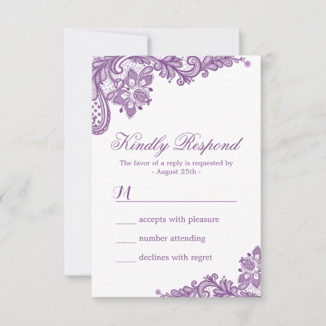 Elegante Roxo Lavanda Padrão de Renda RSVP (Frente)