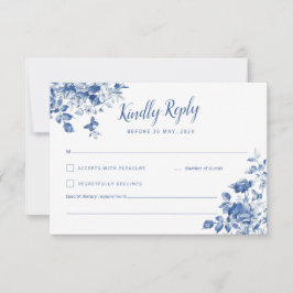 Elegante RSVP com fonte floral azul e caligráfica