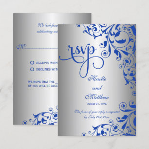 Elegante RSVP com Redemoinhos Azul Real e Prata
