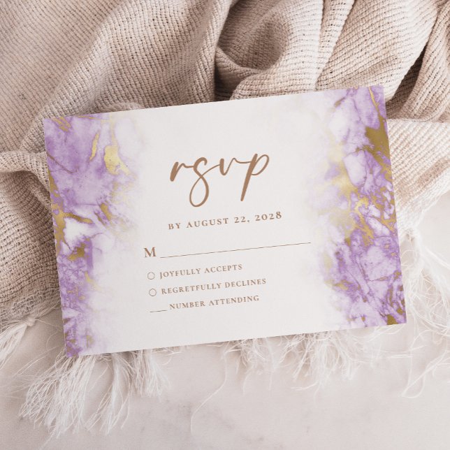 Elegante RSVP de Mármore Lavanda Dourado (Criador carregado)