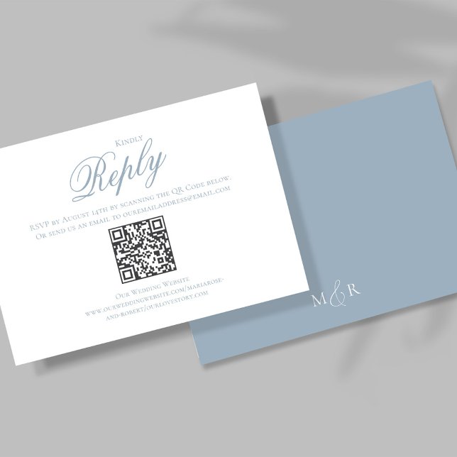 Elegante RSVP de Script de Caligrafia Azul Dusty (Elegant Dusty Blue Wedding RSVP card template. )