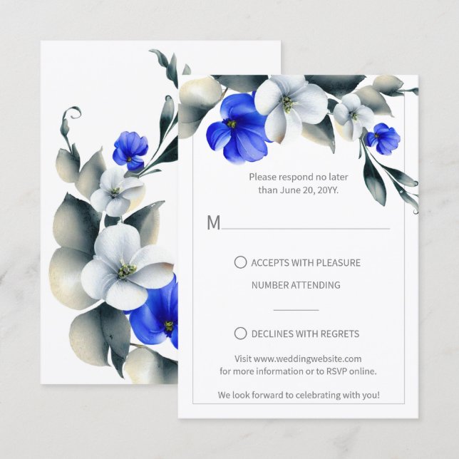 Elegante RSVP Floral Azul Real e Branco (Frente/Verso)