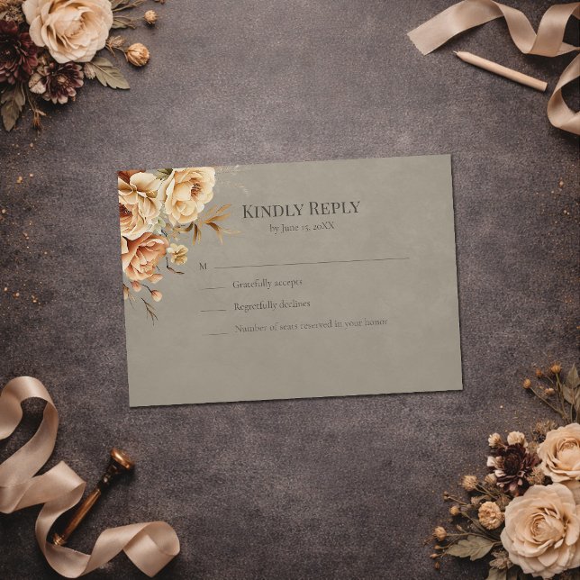 Elegante RSVP Floral Bege Casamento (Elegant Taupe Floral Wedding RSVP Card on a dark table with flowers)