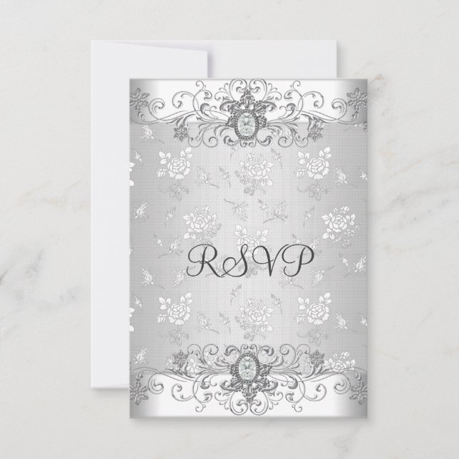 Elegante RSVP Prata Branco Renda Diamante (Frente)
