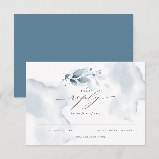 Elegante RSVP Watercolor Foliage Dusty Blue (Frente/Verso)