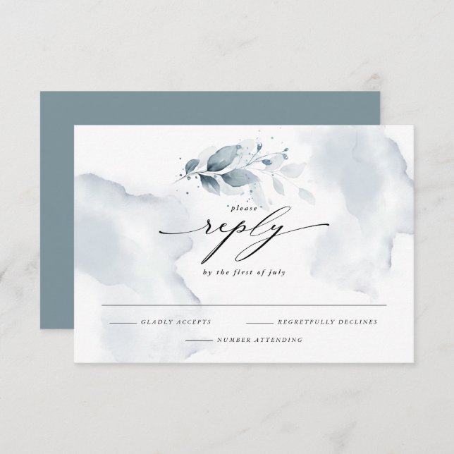 Elegante RSVP Watercolor Foliage Dusty Teal (Frente/Verso)