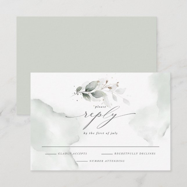 Elegante RSVP Watercolor Foliage Verde Dusty (Frente/Verso)