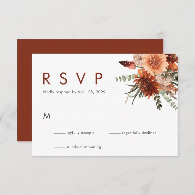 Elegante Rust Watercolor Floral Weding RSVP (Frente/Verso)