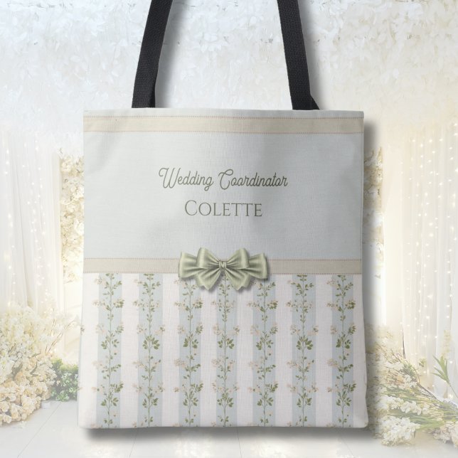 Elegante Saco Tote de Coordenador de Casamento com (Elegant sage green coquette bow bridal wedding coordinator tote bag with custom name )