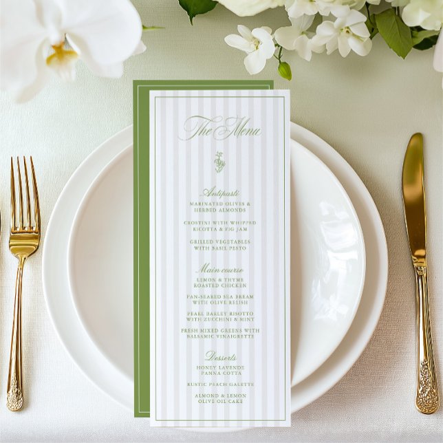 Elegante Sage Green & Beige Striped Weding Menu (Elegant Sage Green & Beige Striped Wedding Menu)