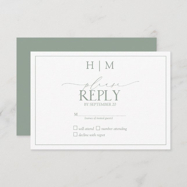 Elegante Sage Green Calliografia Monograma RSVP (Frente/Verso)