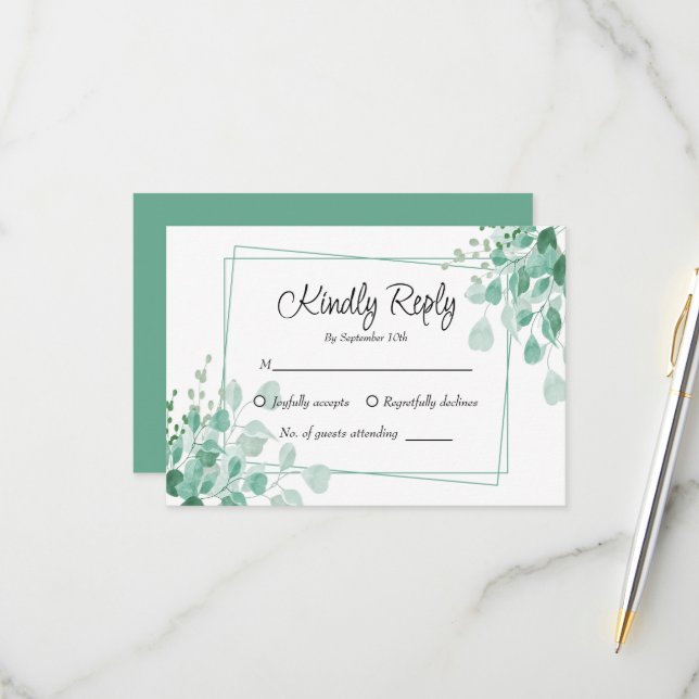 Elegante Sage Green Eucalyptus Greenery RSVP Card (Frente/Verso In Situ)