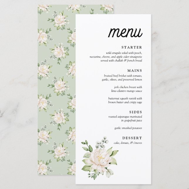 Elegante Sage Green Floral Peony Menu Janto (Frente/Verso)