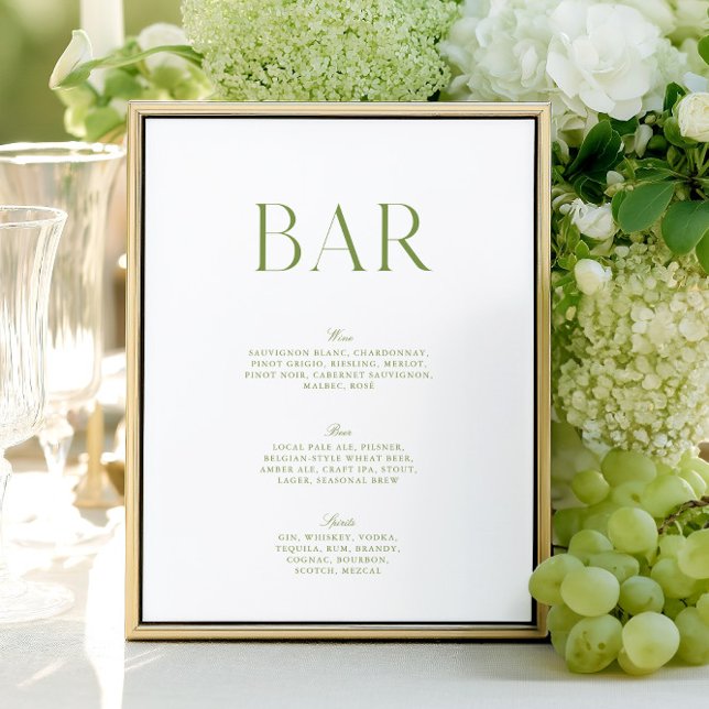Elegante Sage Green & White - Sinal de Bar de Casa (Elegant Sage Green & White 8.5x11 Wedding Bar Sign)