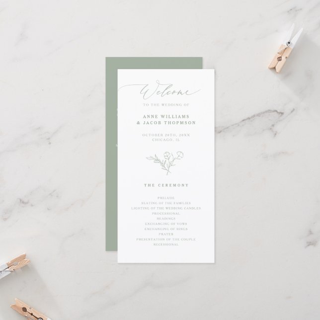 Elegante Sage Greenery Boho Floral Weding Program (Frente/Verso In Situ)