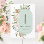 Elegante Sage, Terthy Blooms Table Number<br><div class="desc">Ajude seus convidados a encontrar sua mesa com este número de tabela exclusivo. Design com elegante oval geométrico em verde-sábio, rodeado por um lindo floral de aquarela, cobrindo seu número de tabela com seus detalhes de evento. Também disponível com oval em verde bege. Cartões duplos. Cartões e menus correspondentes disponíveis....</div>