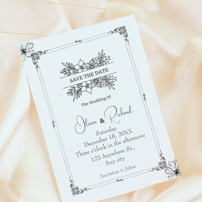 Elegante Salve a Data do Anúncio de Casamento Flor (Elegant Floral Save The Date Black and White Announcement Cards)
