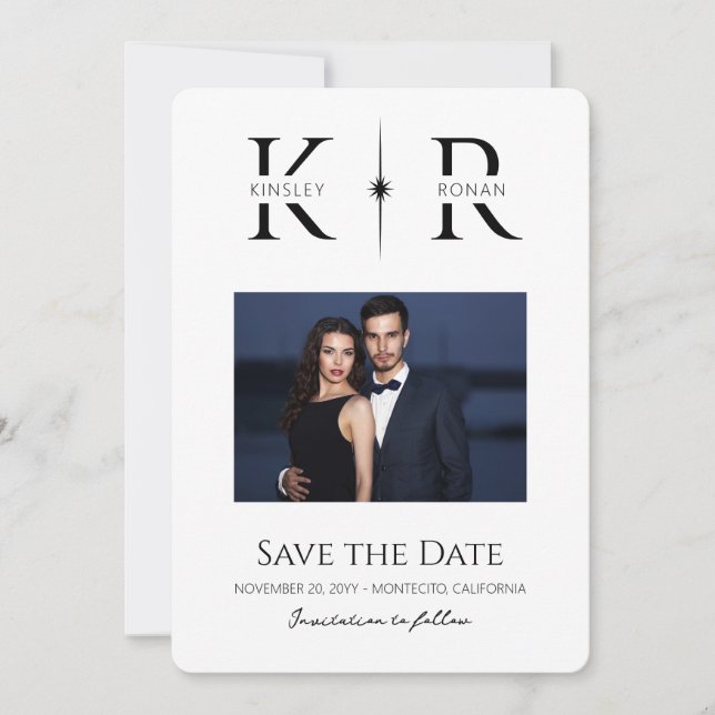 Elegante Save the Date de Casamento com Monograma  (Frente)