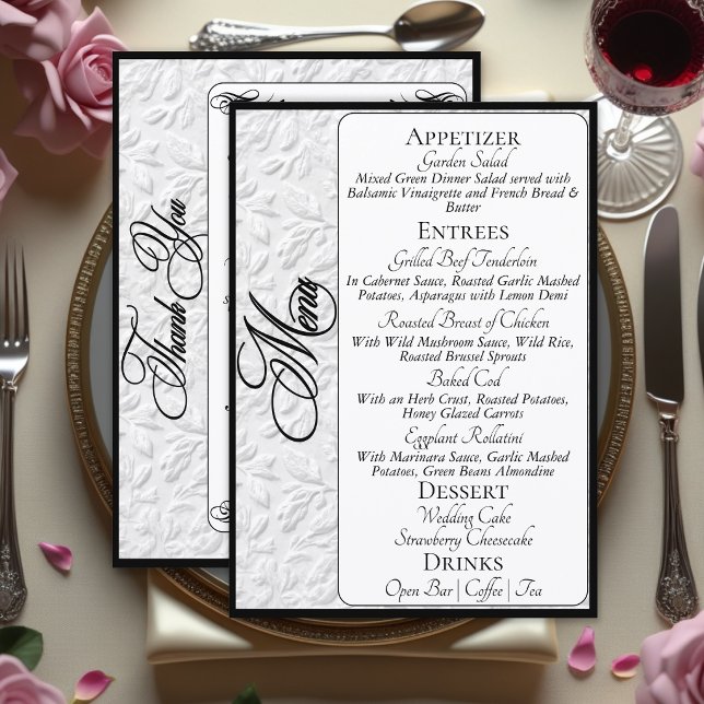 Elegante Script Preto em Menu Branco & Obrigado (Criador carregado)