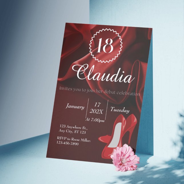 Elegante Seda Vermelha e Convite de 18 Anos Azul R (Elegant Red Silk & Royal Blue 18th Birthday Invitation)