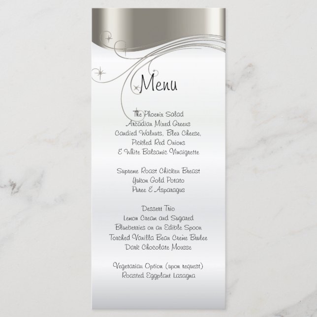 Elegante Silver e White Satin Weding Menu (Frente)