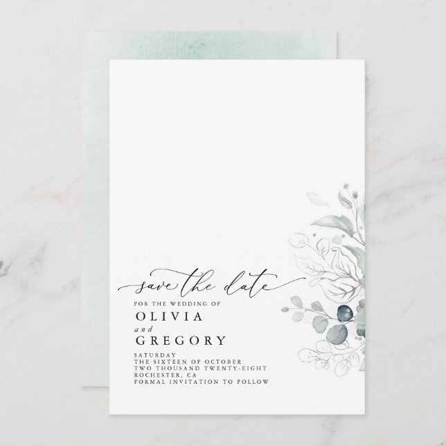 Elegante Silver Greenery Salve O Anúncio De Data (Frente/Verso)