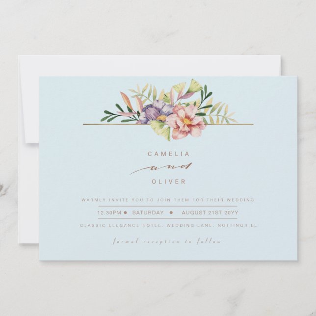 Elegante Sky Blue Summer Floral Convite de casamen (Frente)
