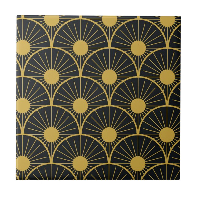 Elegante Sol Abstrato Dourado Art Déco em Preto (Frente)