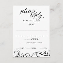 Elegante Swirls Wedding RSVP c/ Meal Choice (Preto