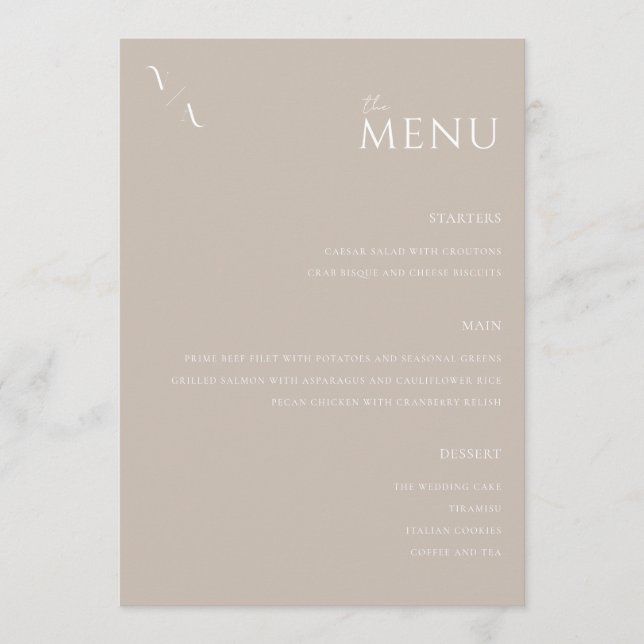 Elegante Taupe Modern Minimalista Menu Casamento (Frente)